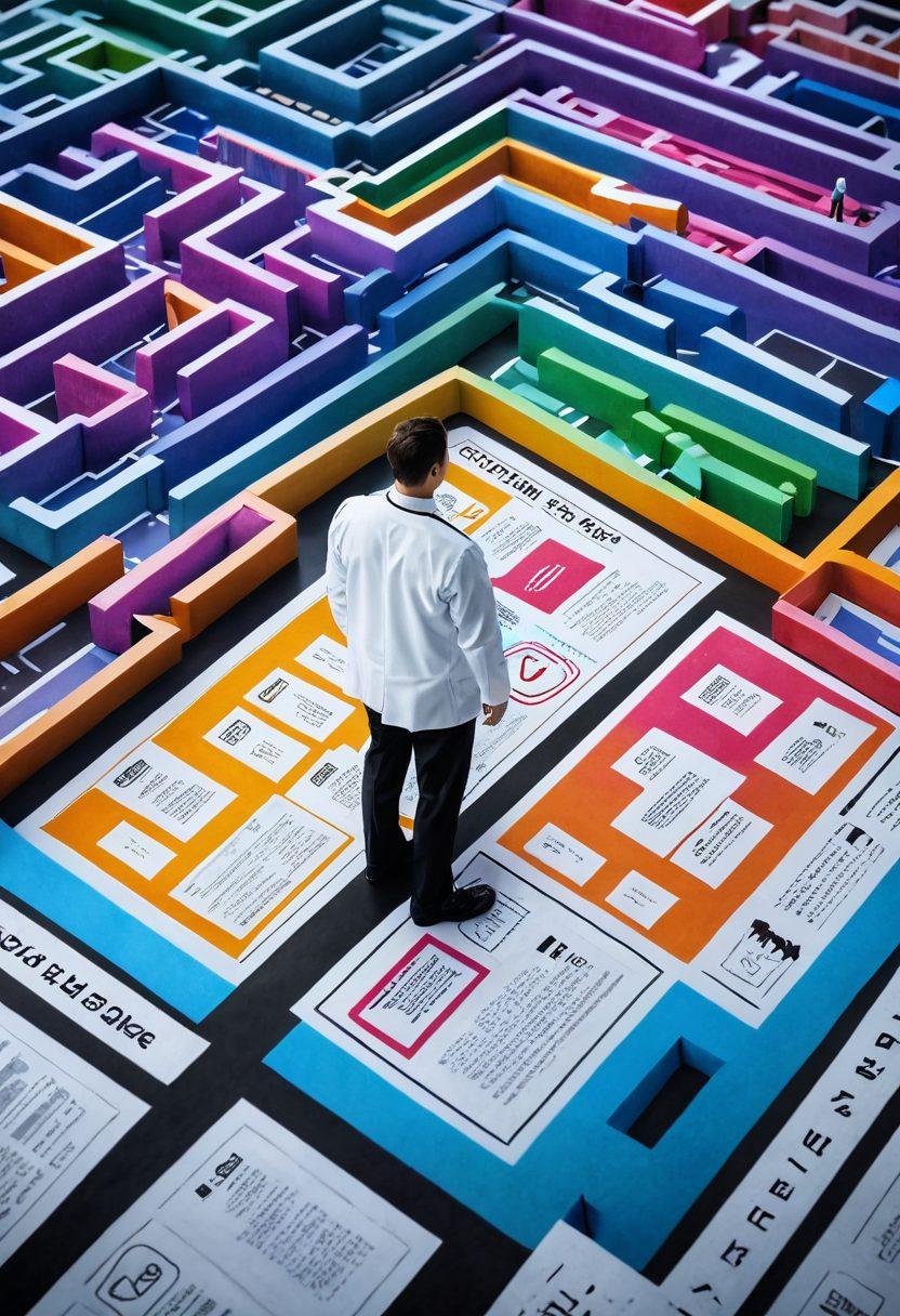 A detailed illustration of a healthcare professional navigating through a complex maze made of medical billing documents, with colorful claim forms, calculators, and charts scattered around. In the background, a digital display shows a streamlined process with checkmarks and arrows symbolizing efficient claim management. The scene is infused with a sense of clarity and organization amidst the chaos, using vibrant colors to highlight key elements. super-realistic. digital art. vibrant colors.