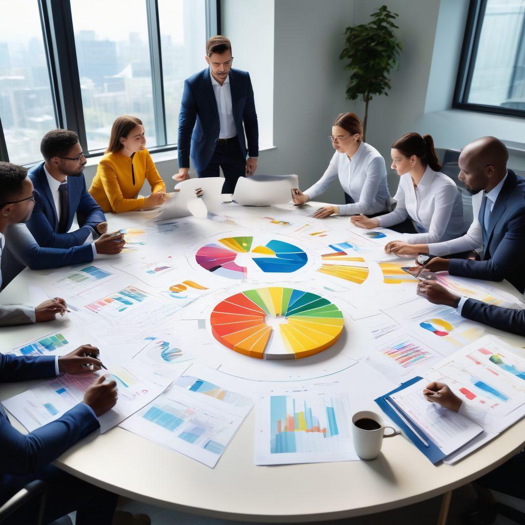 A professional setting depicting a diverse team collaborating around a large table filled with charts and documents, showcasing a strategy session on insurance claims processing. Emphasize a tech-savvy atmosphere with digital devices displaying workflow analytics. Include visual metaphors like unlocked padlocks and money symbols to represent profitability. super-realistic. vibrant colors. modern office environment.