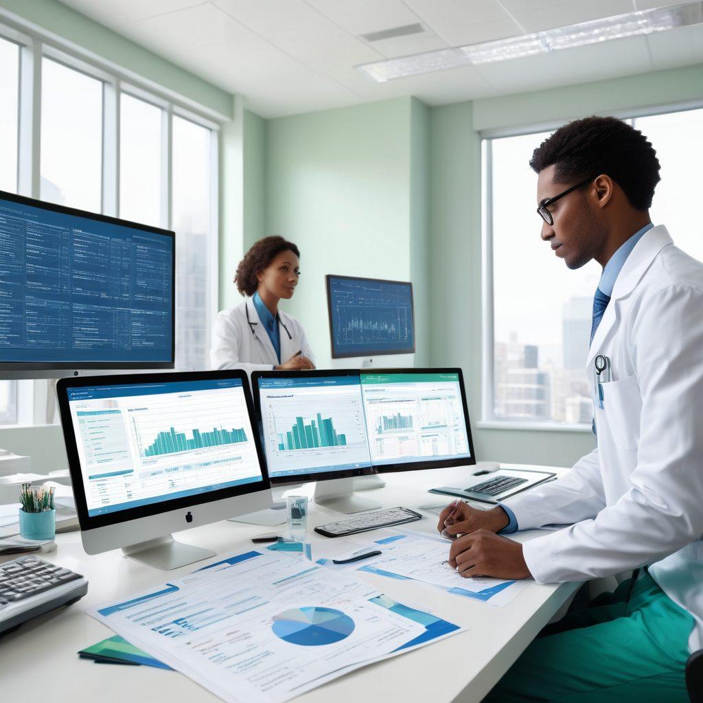 An intricate illustration of a healthcare billing office with a diverse team collaborating around modern computers. Show flowing charts and graphs representing revenue cycles on screens, while stacks of medical bills and a calculator are in the foreground. Use soothing blue and green tones to signify health and growth, highlighting the importance of efficiency in billing solutions. add a soft glow to emphasize professionalism and innovation. super-realistic. vibrant colors. white background.